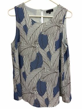 Pleione Leaf Print Sleeveless Blouse Size M Keyhole Back Blue Cream